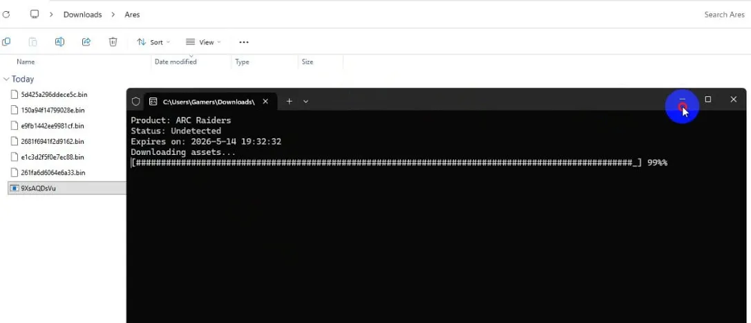 The loader confirming Product ARC Raiders, Status Undetected, downloading assets