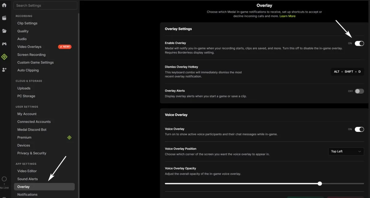 Medal overlay setting enabled