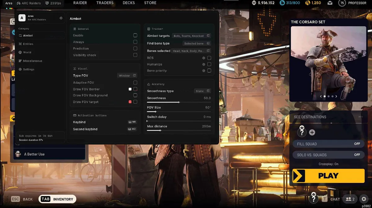 Ares menu open in ARC Raiders showing the Aimbot tab with FOV, bones and smoothing