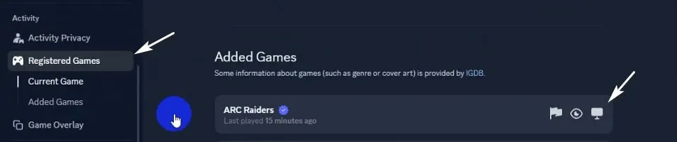 ARC Raiders listed under Discord Registered Games with overlay enabled