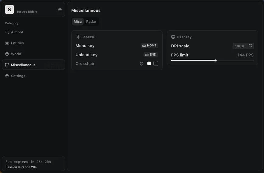 ARC Raiders Ares miscellaneous menu with world and quality-of-life options
