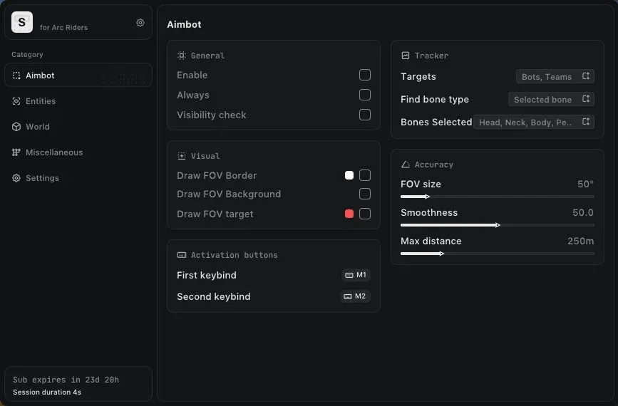ARC Raiders aimbot menu with FOV size, bone selection, smoothing and a visibility check
