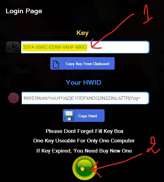 Hyperion loader login page with a key field, HWID box and a Login button
