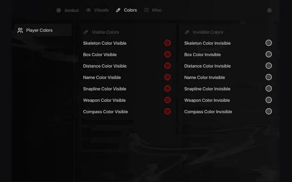 Riven cheat menu Colors tab with visible and invisible ESP colours
