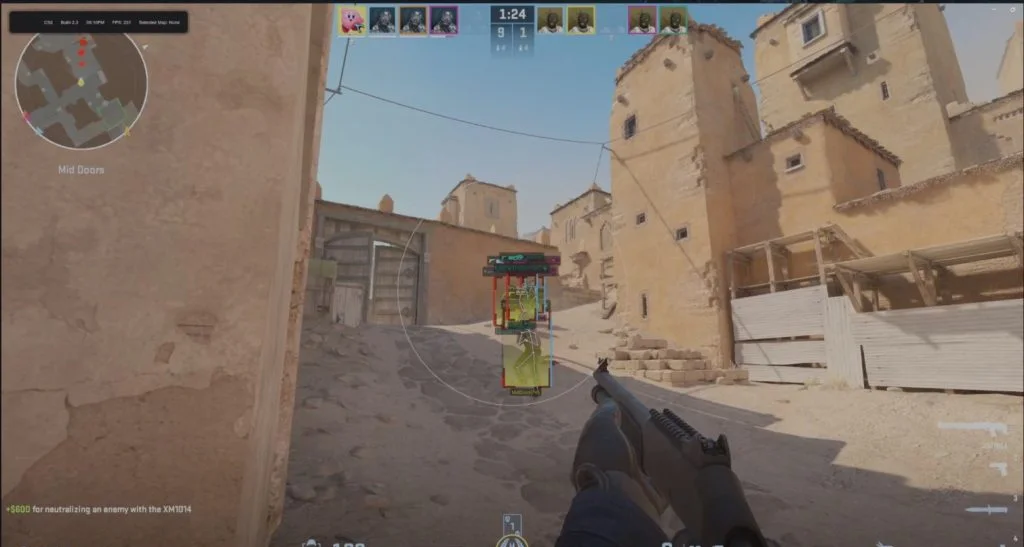 Counter-Strike 2 gameplay with Ares ESP boxing enemies through walls and the aimbot FOV active
