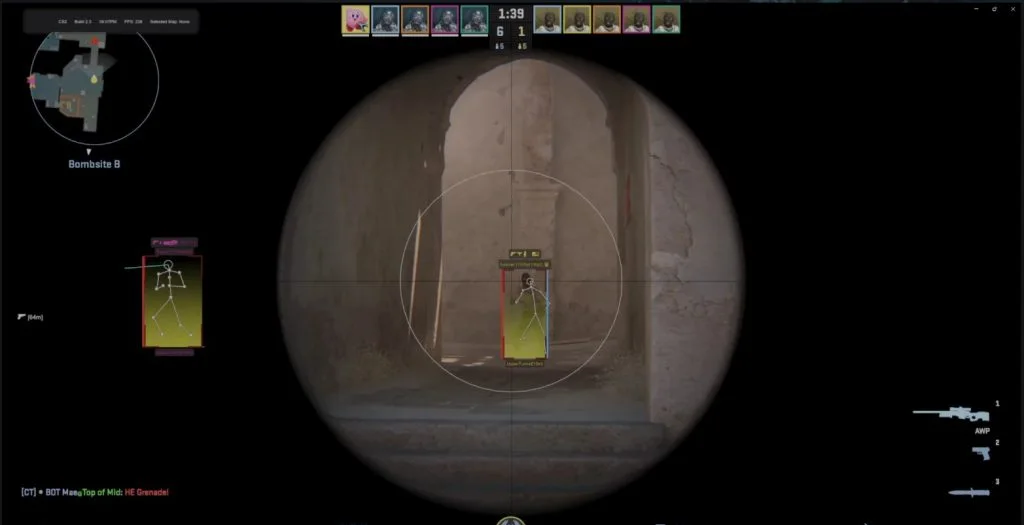 Counter-Strike 2 AWP gameplay with Ares skeleton ESP marking an enemy through a doorway