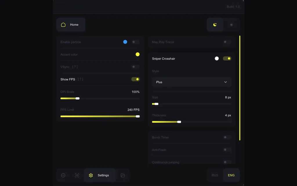 Counter-Strike 2 Ares misc menu with map ray tracer, bomb timer, bunny hop and a sniper crosshair