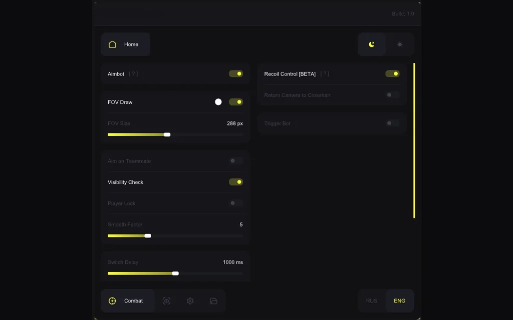 Counter-Strike 2 aimbot menu showing bone selection, FOV, smoothing and a visibility check