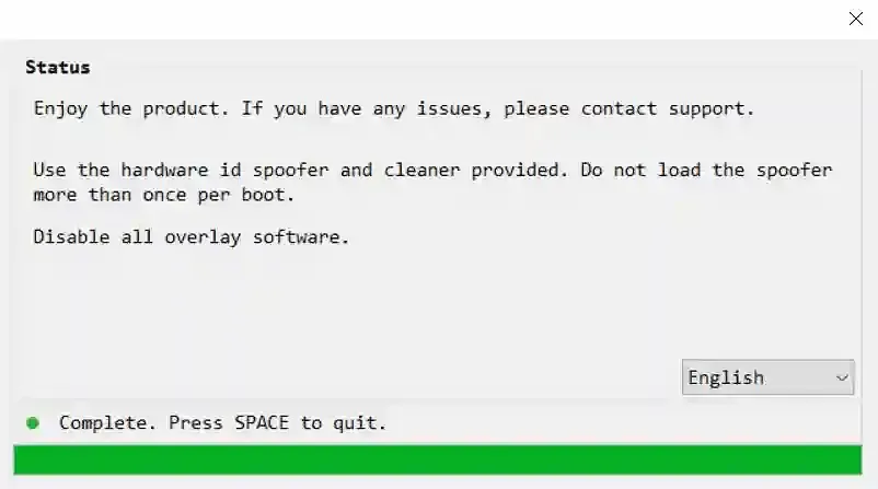 The Army loader status window reading Complete, press Space to quit