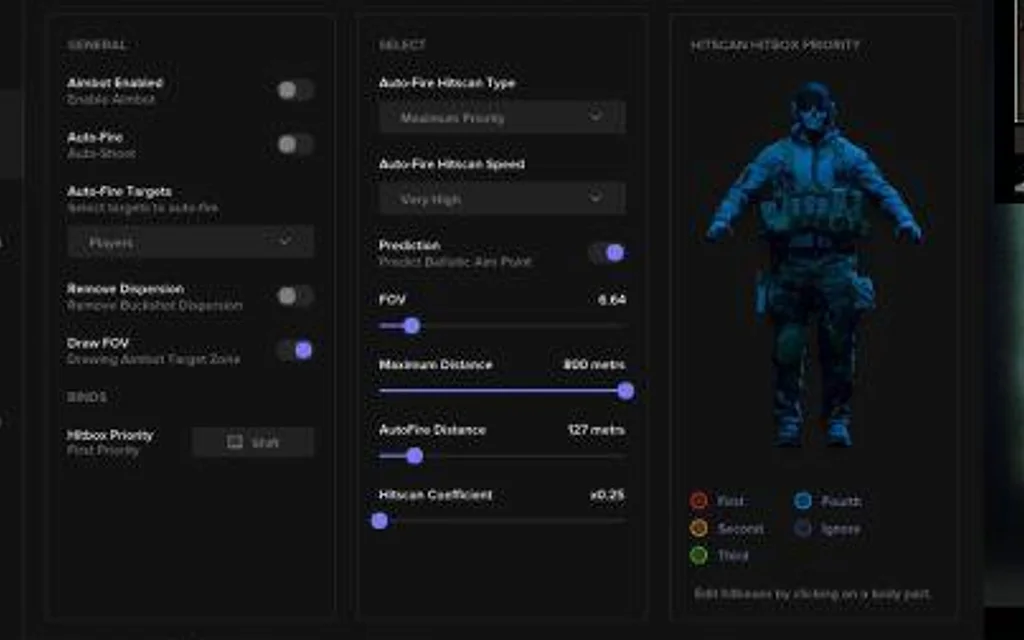 Escape from Tarkov aimbot menu showing hitbox priority, prediction, FOV and maximum-distance settings