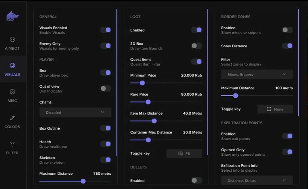 Escape from Tarkov Fecurity ESP menu with player box, skeleton, loot price filter and exfiltration point options