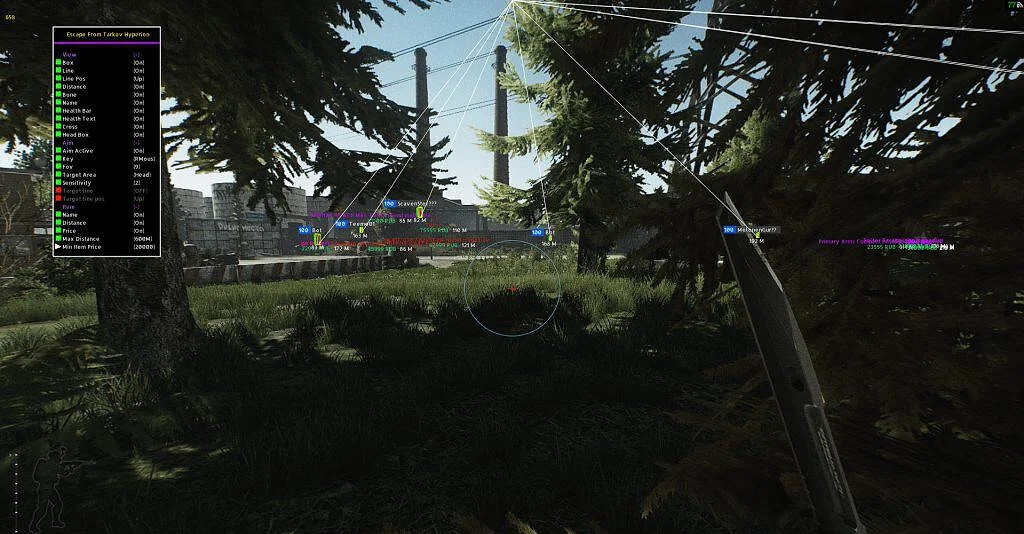 Escape from Tarkov gameplay with Hyperion ESP boxing enemies through the treeline with names and distance