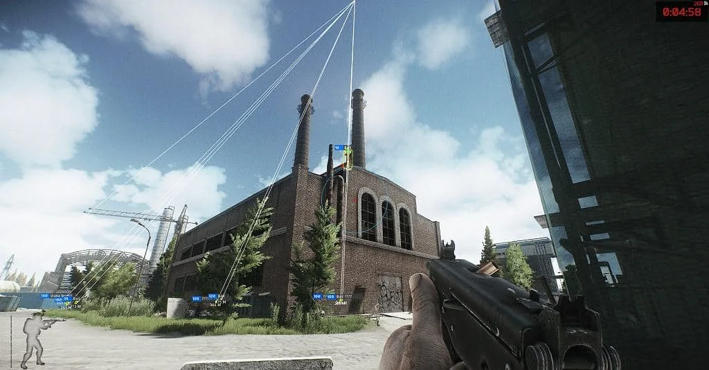 Escape from Tarkov gameplay near a factory building with Hyperion ESP active