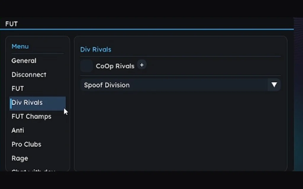 FUTX FC 26 cheat menu Division Rivals tab with Coop Rivals and Spoof Division