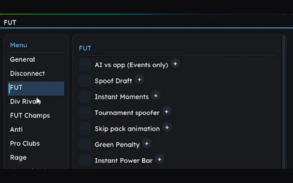 FUTX FC 26 cheat menu FUT tab with spoof draft, tournament spoofer, instant moments and green penalty