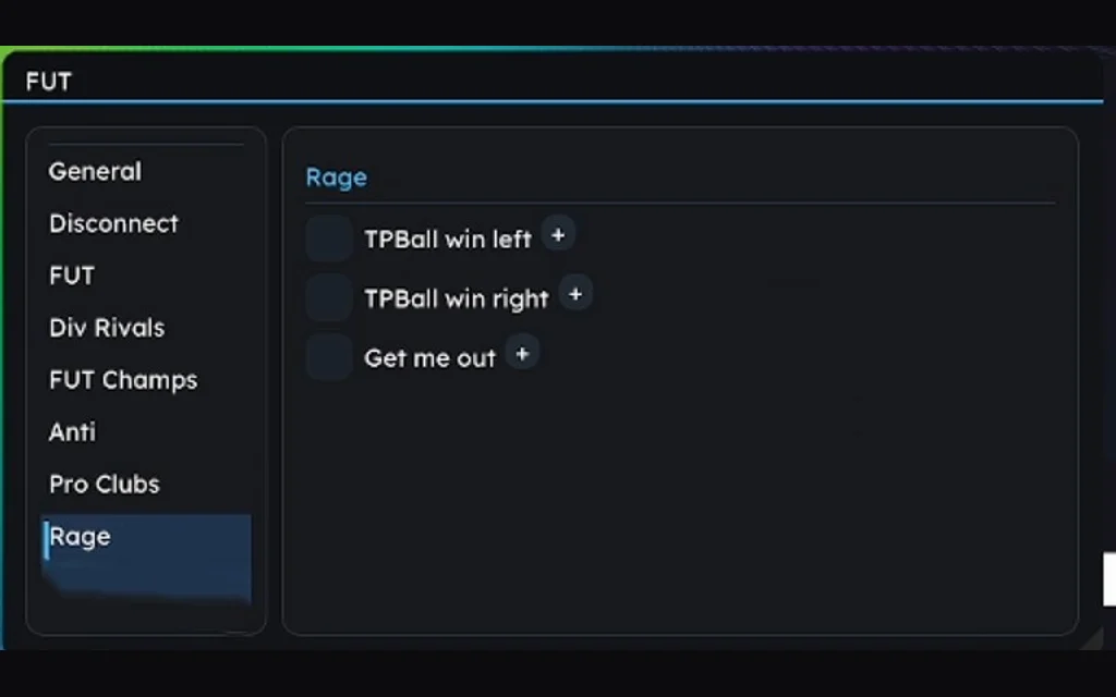 FUTX FC 26 cheat menu Rage tab with TPBall win-left, win-right and get-me-out options