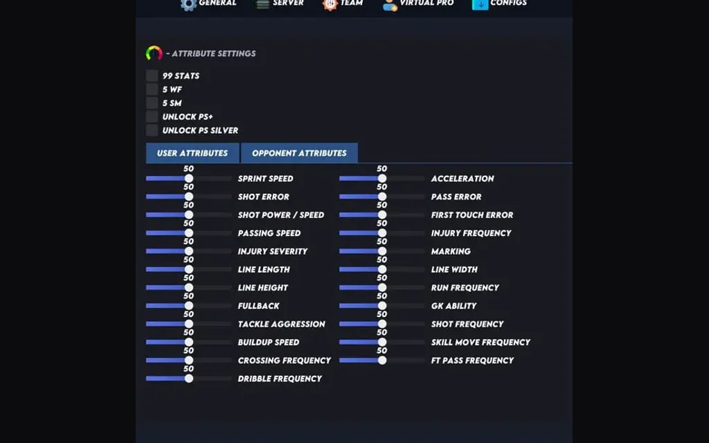 The Internal Team tab with 99 stats and PlayStyles-plus feeding the Virtual Pro editor