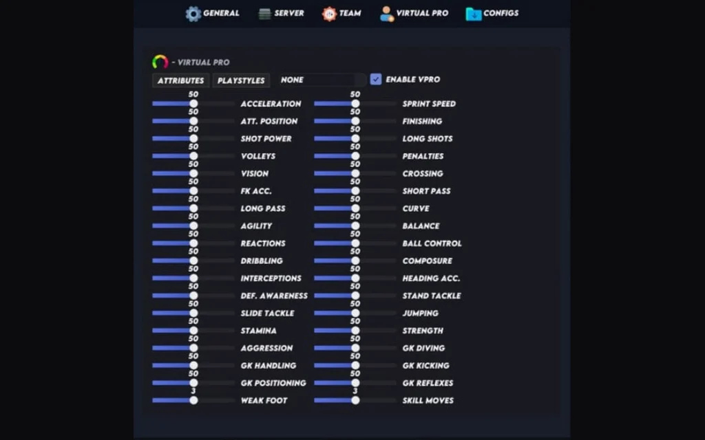 The Internal Virtual Pro editor with every attribute, weak foot and skill moves