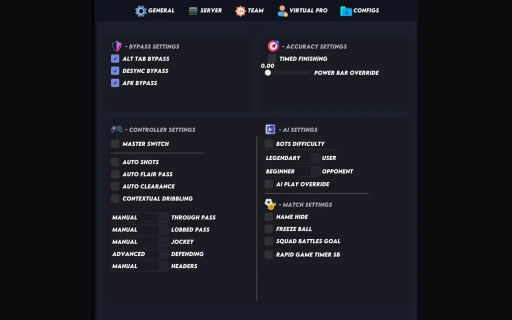 The Lite main menu with alt-tab and desync bypasses and match settings