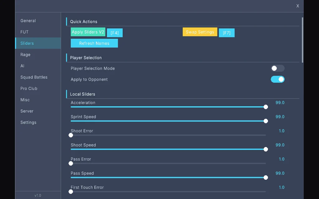 The Meta Sliders tab with acceleration, sprint speed and shot speed pushed to 99