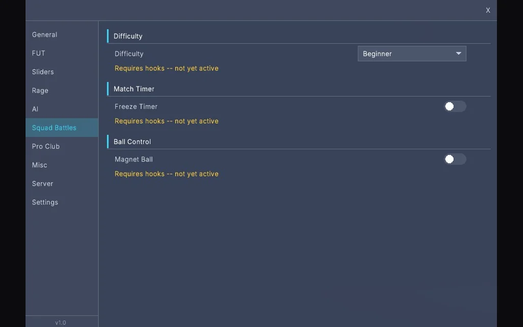 The Meta Squad Battles tab with bot difficulty, freeze timer and magnet ball
