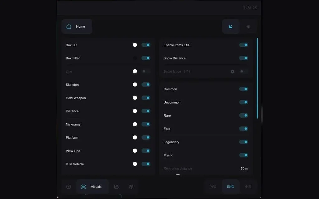 Fortnite ESP menu showing box, skeleton, held-weapon and item ESP with loot rarity toggles
