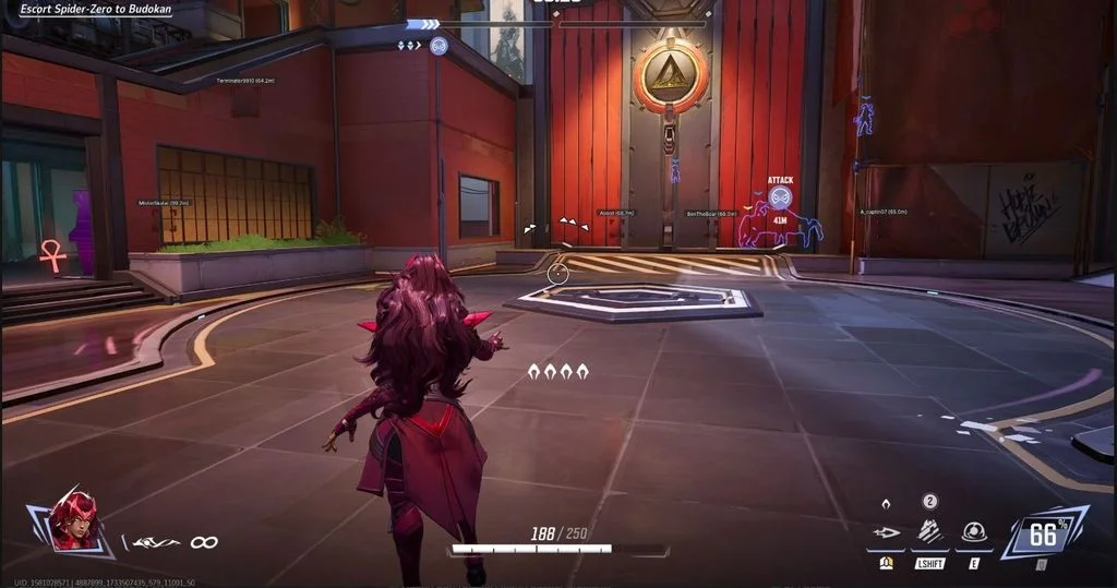 Ares ESP outlining enemy heroes with names and distance during an escort match