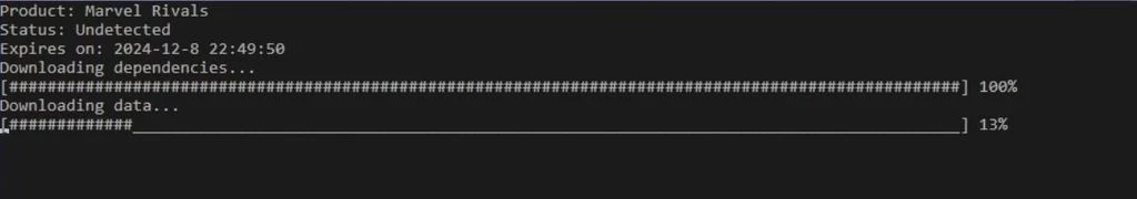 The loader showing Product Marvel Rivals, Status Undetected and downloading its files
