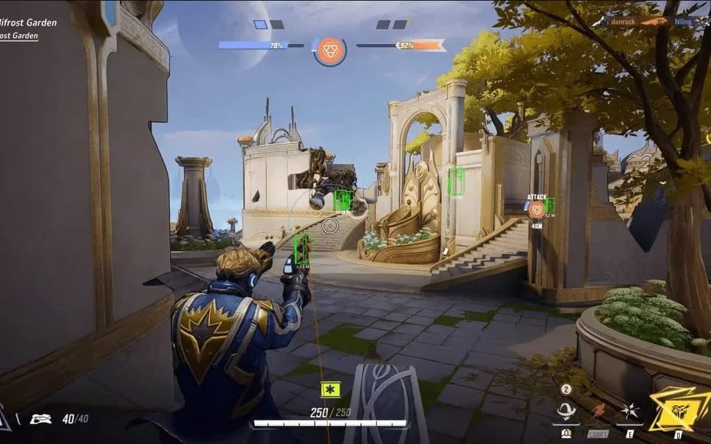 Marvel Rivals ESP drawing green boxes on enemy heroes across a control point, with distance labels