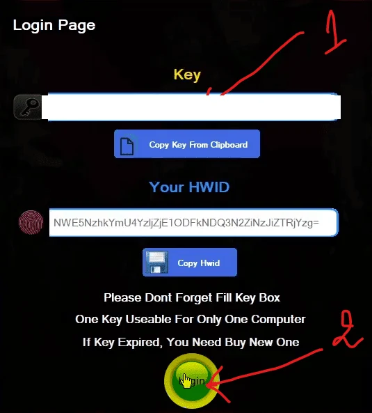 The Hyperion loader login page with a key field, HWID box and a Login button