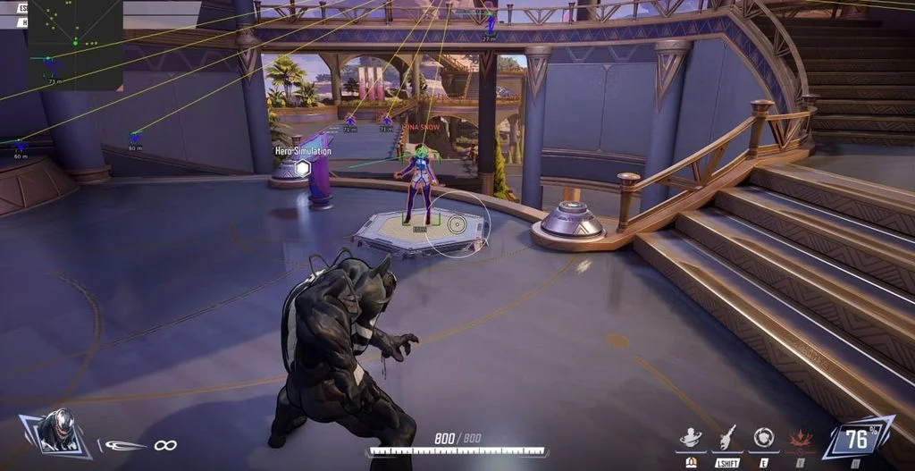 Marvel Rivals Visor 2D radar and skeleton ESP drawing lines to enemies across the practice range