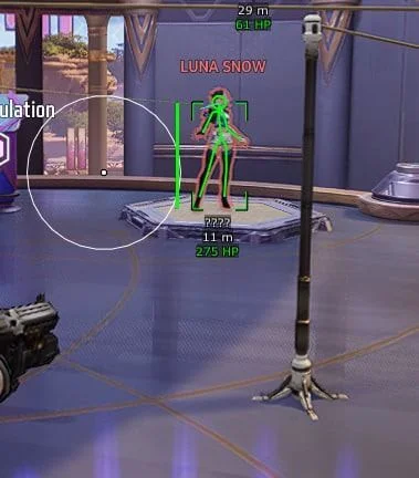 Marvel Rivals Visor skeleton ESP on an enemy hero with health and distance labels
