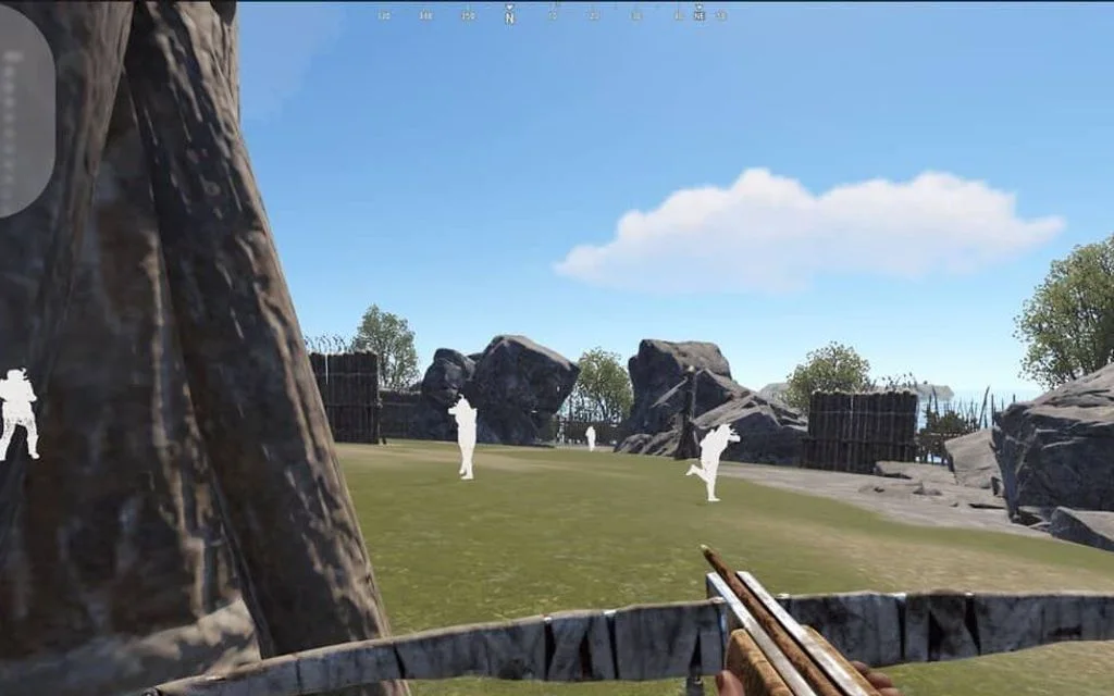 Rust chams ESP marking enemy players white during a fight near a base