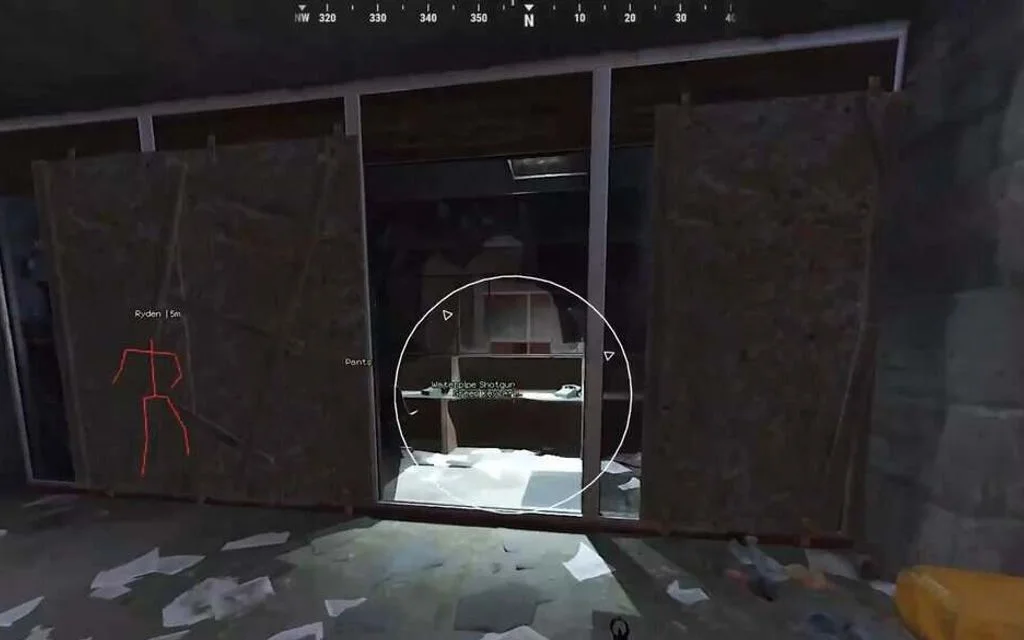 Rust ESP showing a red enemy skeleton and item ESP through a boarded-up base wall
