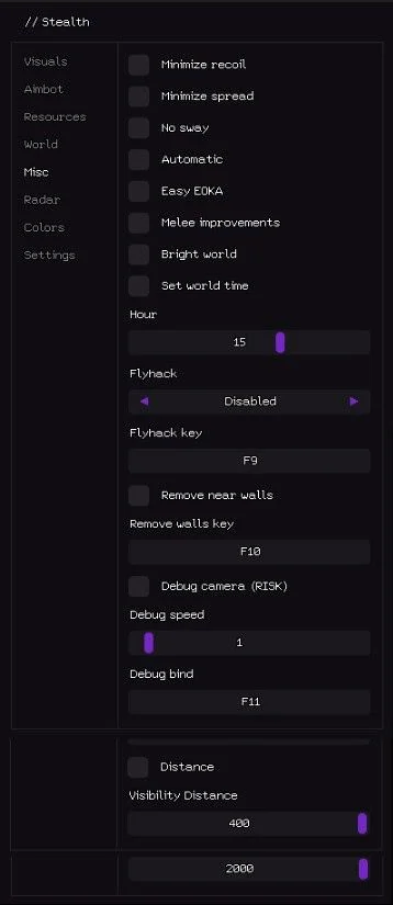 Rust Stealth Full misc menu with minimize recoil, minimize spread, no sway, remove walls and flyhack