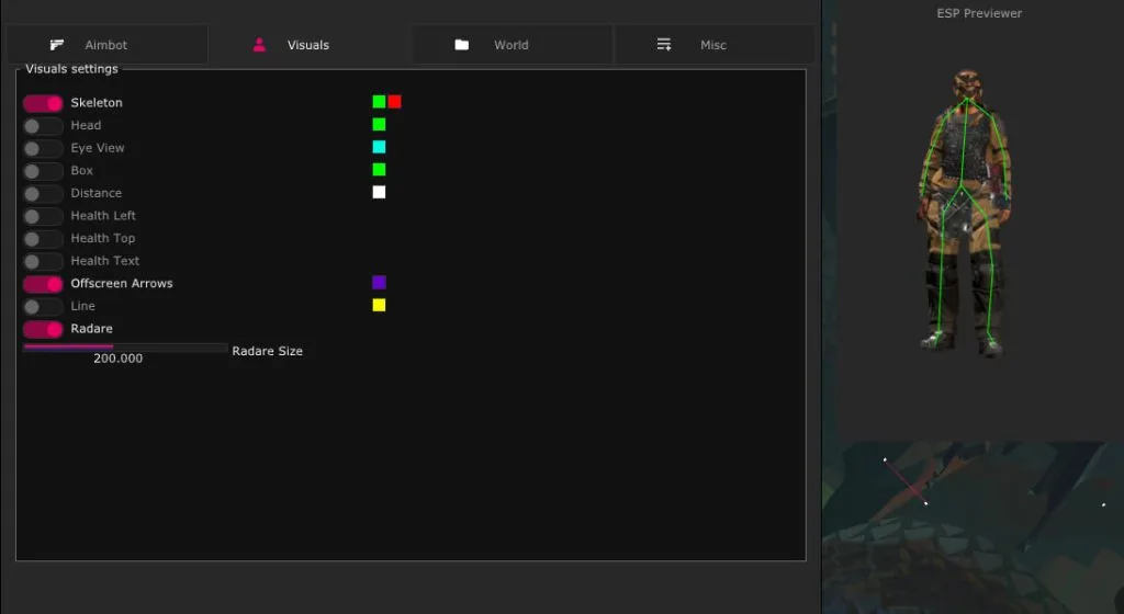 Valorant ESP wallhack menu with skeleton, box, head, health and distance toggles, a 2D radar and offscreen arrows