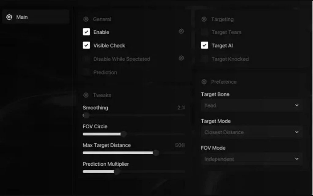 Warzone aimbot menu showing aim presets, bone selection, FOV circle, smoothing and bullet-velocity prediction toggles