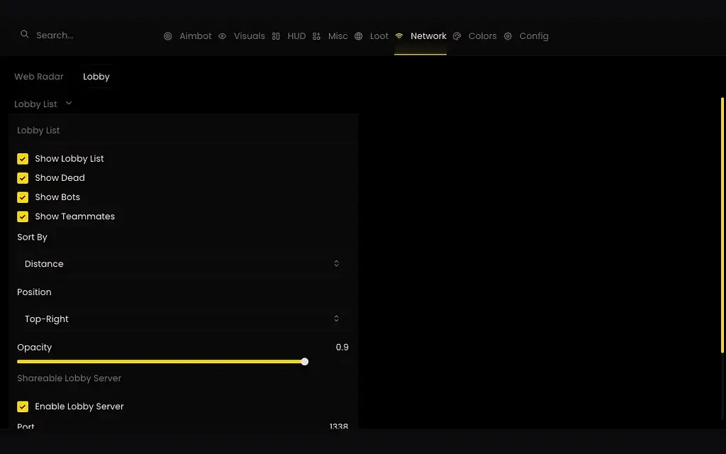 Warzone cheat menu showing loot ESP filters for cash, armour and crates with a live 2D web radar